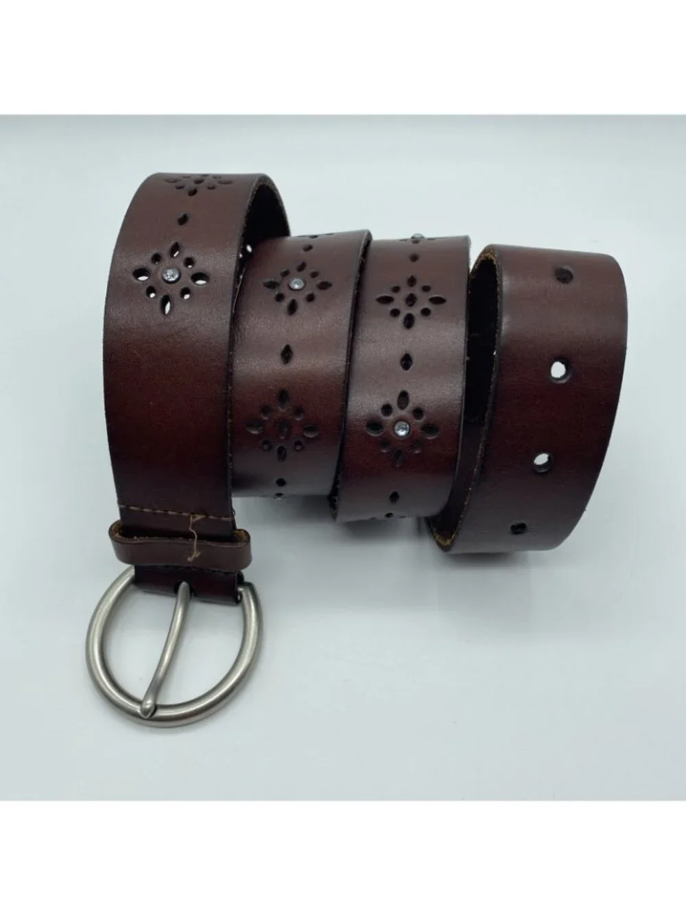 American Eagle Brown Genuine Leather Belt Women's XL Embossed Rhinestone 8977